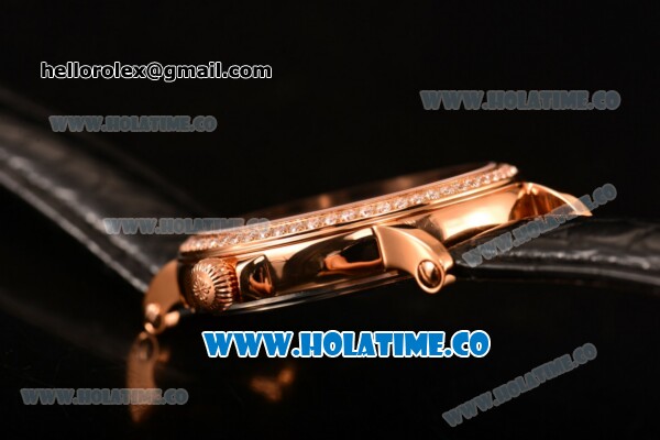 Patek Philippe Calatrava Miyota Quartz Rose Gold Case with Diamonds Bezel and Black Dial - Diamonds Markers - Click Image to Close